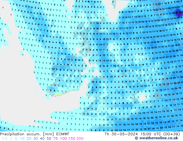 Precipitation accum. ECMWF Qui 30.05.2024 15 UTC