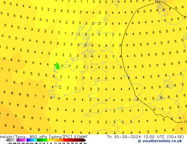 Z500/Rain (+SLP)/Z850 ECMWF czw. 30.05.2024 12 UTC