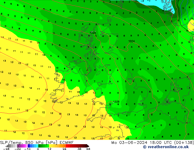 SLP/Temp. 850 hPa ECMWF  03.06.2024 18 UTC