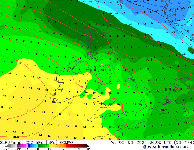 SLP/Temp. 850 hPa ECMWF Qua 05.06.2024 06 UTC