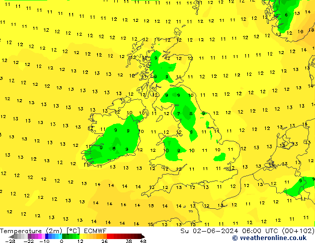 Temperature (2m) ECMWF Ne 02.06.2024 06 UTC