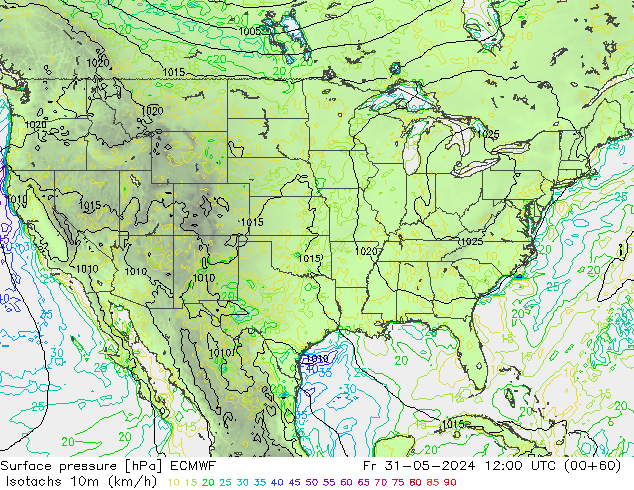 Isotachs (kph) ECMWF Sex 31.05.2024 12 UTC