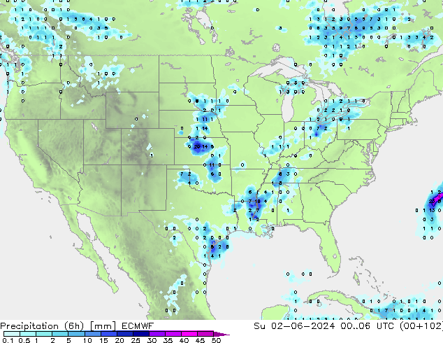 Precipitation (6h) ECMWF Su 02.06.2024 06 UTC