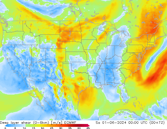 Deep layer shear (0-6km) ECMWF Sa 01.06.2024 00 UTC