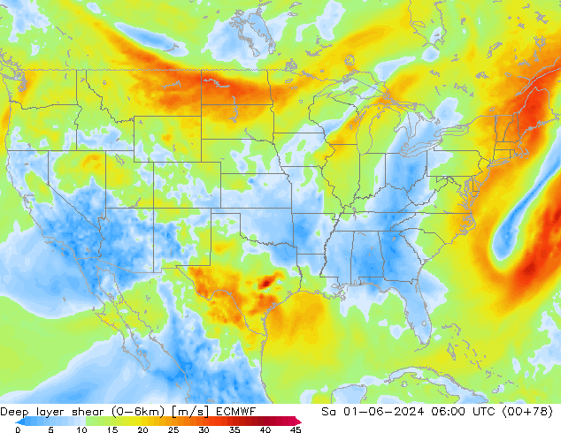 Deep layer shear (0-6km) ECMWF сб 01.06.2024 06 UTC