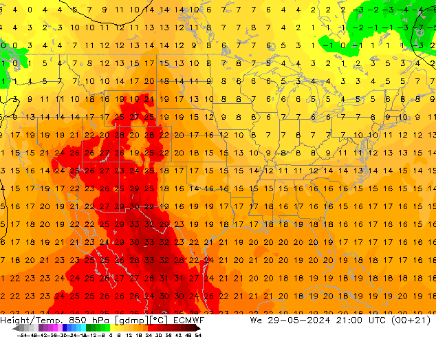 Hoogte/Temp. 850 hPa ECMWF wo 29.05.2024 21 UTC