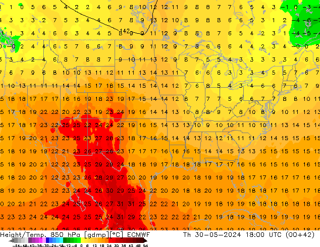 Height/Temp. 850 гПа ECMWF чт 30.05.2024 18 UTC