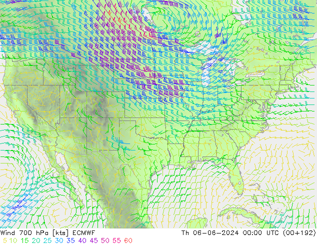 Viento 700 hPa ECMWF jue 06.06.2024 00 UTC