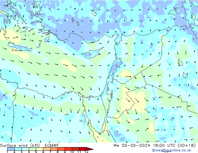 Vento 10 m (bft) ECMWF Qua 29.05.2024 18 UTC