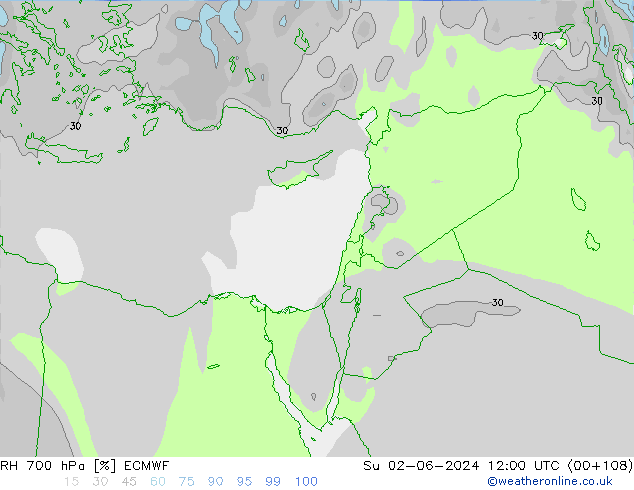 Humidité rel. 700 hPa ECMWF dim 02.06.2024 12 UTC