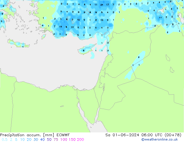 Precipitation accum. ECMWF Sa 01.06.2024 06 UTC