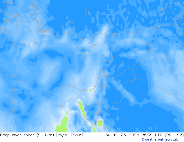 Deep layer shear (0-1km) ECMWF Ne 02.06.2024 06 UTC