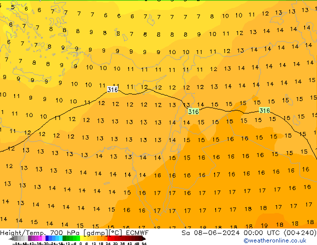 Height/Temp. 700 гПа ECMWF сб 08.06.2024 00 UTC