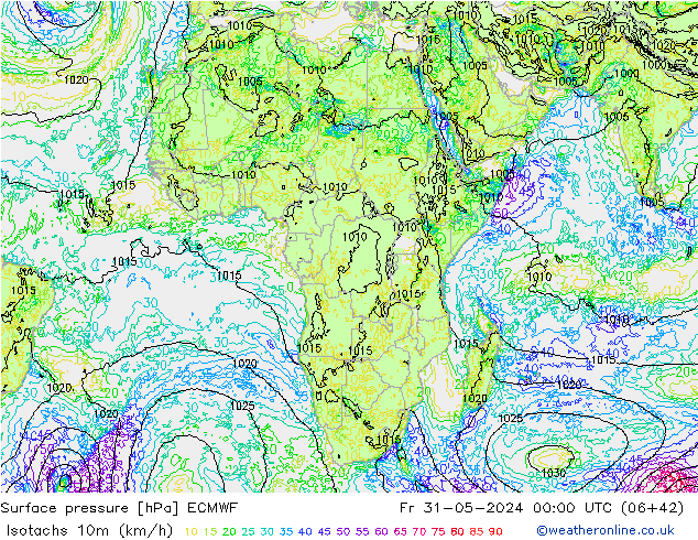 Isotachs (kph) ECMWF Fr 31.05.2024 00 UTC