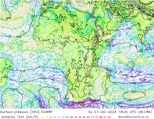 Isotachen (km/h) ECMWF za 01.06.2024 18 UTC