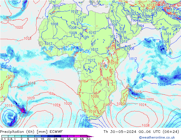 Precipitation (6h) ECMWF Th 30.05.2024 06 UTC