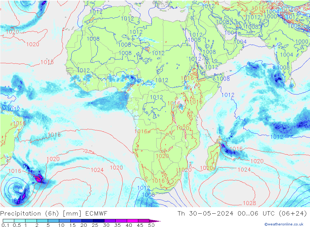 Precipitation (6h) ECMWF Th 30.05.2024 06 UTC