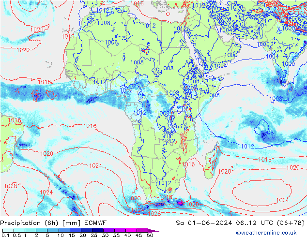 Precipitation (6h) ECMWF So 01.06.2024 12 UTC