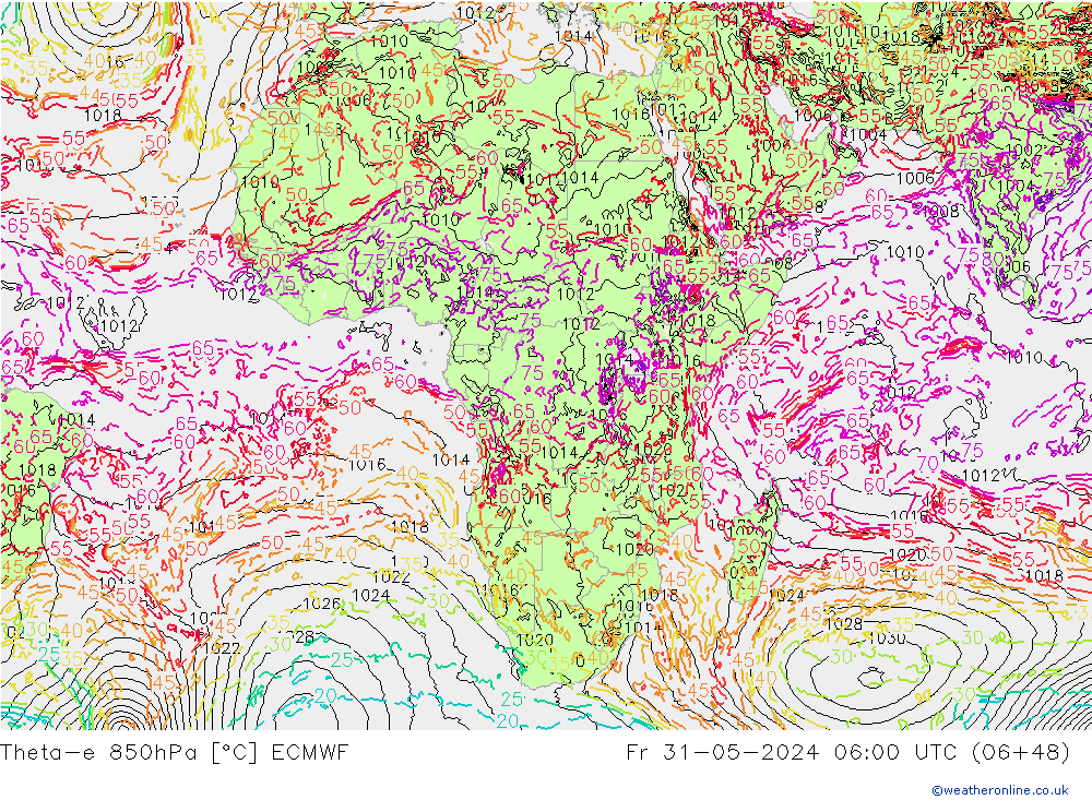 Theta-e 850hPa ECMWF ven 31.05.2024 06 UTC