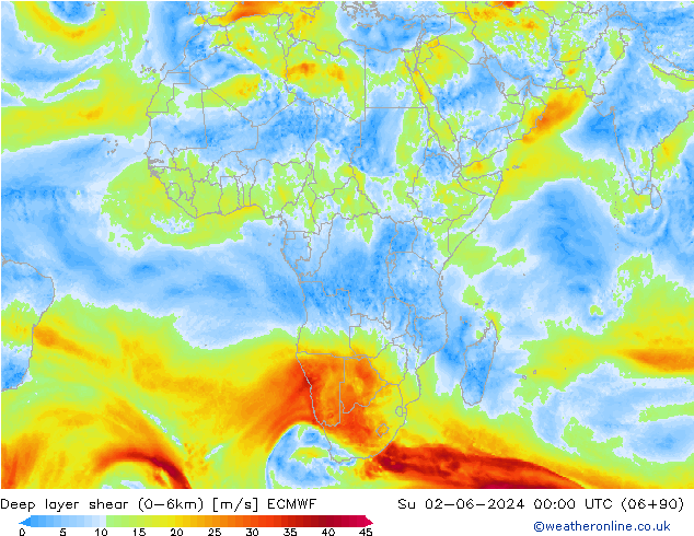 Deep layer shear (0-6km) ECMWF Вс 02.06.2024 00 UTC