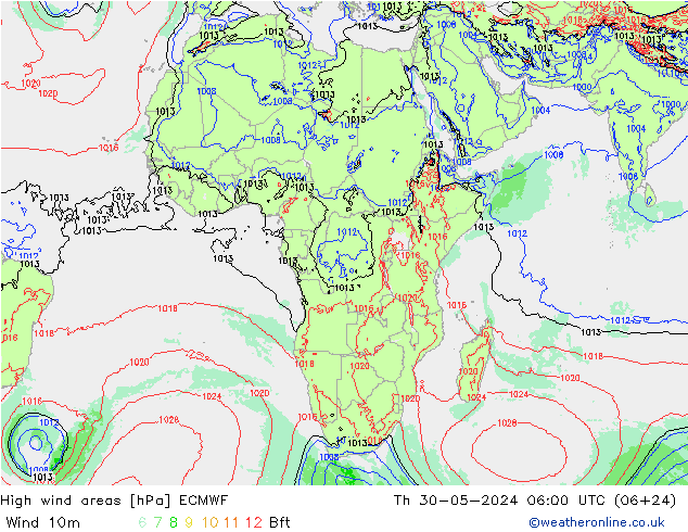 High wind areas ECMWF Qui 30.05.2024 06 UTC