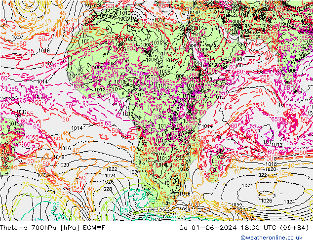 Theta-e 700hPa ECMWF Sáb 01.06.2024 18 UTC