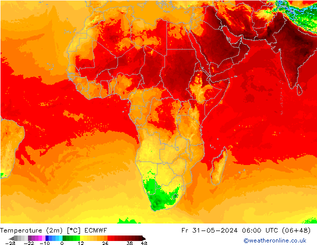 mapa temperatury (2m) ECMWF pt. 31.05.2024 06 UTC