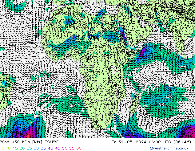 wiatr 950 hPa ECMWF pt. 31.05.2024 06 UTC