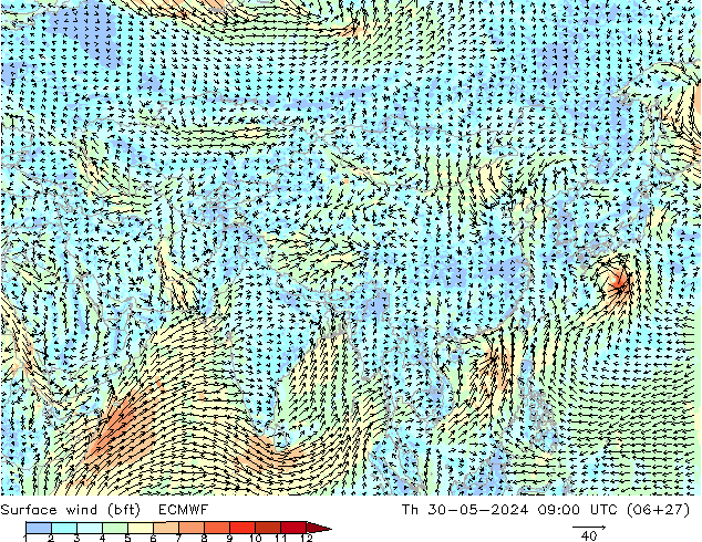 Surface wind (bft) ECMWF Čt 30.05.2024 09 UTC
