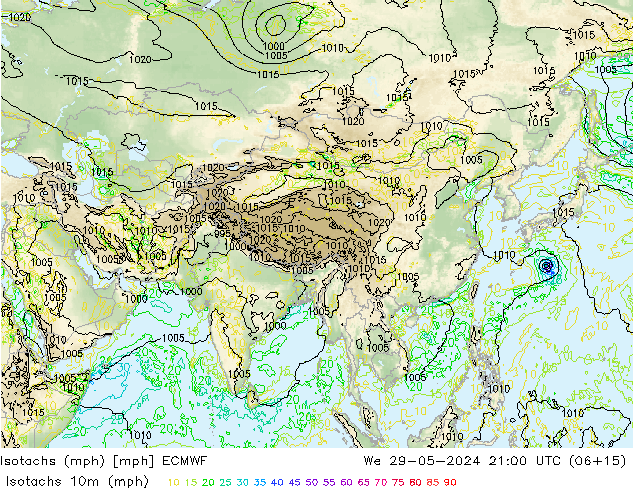 Izotacha (mph) ECMWF śro. 29.05.2024 21 UTC