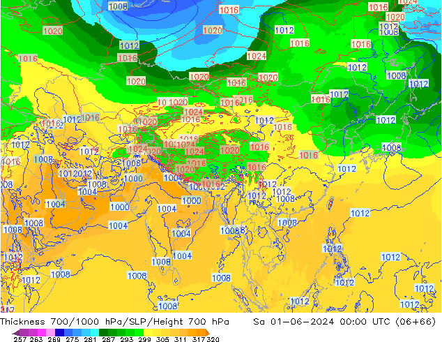 Espesor 700-1000 hPa ECMWF sáb 01.06.2024 00 UTC