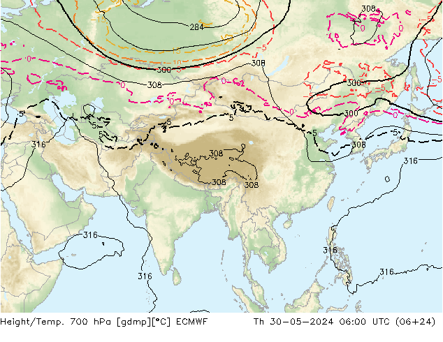 Height/Temp. 700 hPa ECMWF Th 30.05.2024 06 UTC