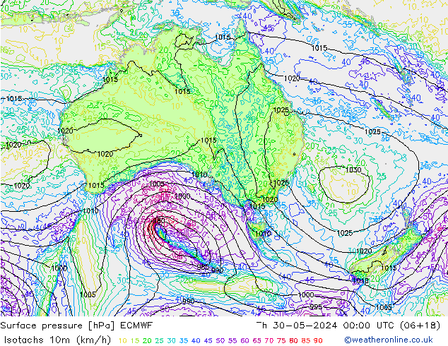 Izotacha (km/godz) ECMWF czw. 30.05.2024 00 UTC