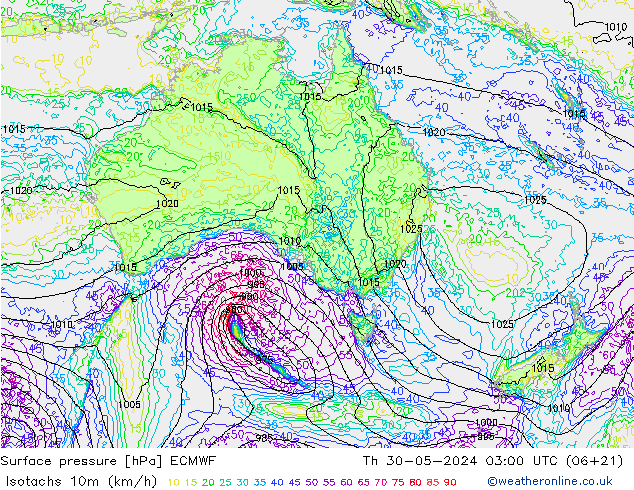 Isotachs (kph) ECMWF Qui 30.05.2024 03 UTC