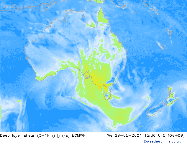 Deep layer shear (0-1km) ECMWF mié 29.05.2024 15 UTC