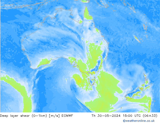 Deep layer shear (0-1km) ECMWF Th 30.05.2024 15 UTC