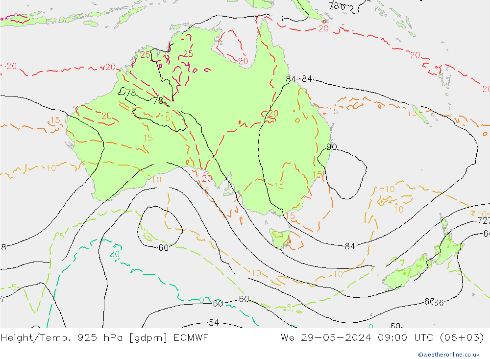 Height/Temp. 925 hPa ECMWF Mi 29.05.2024 09 UTC