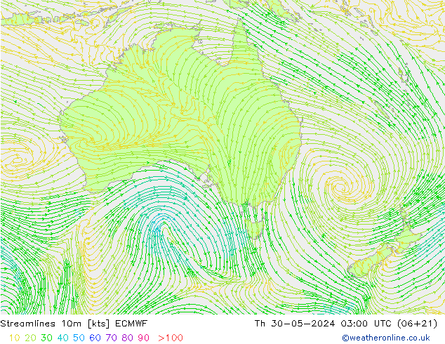 Linha de corrente 10m ECMWF Qui 30.05.2024 03 UTC