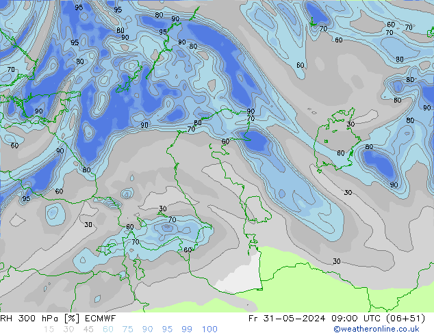 Humidité rel. 300 hPa ECMWF ven 31.05.2024 09 UTC