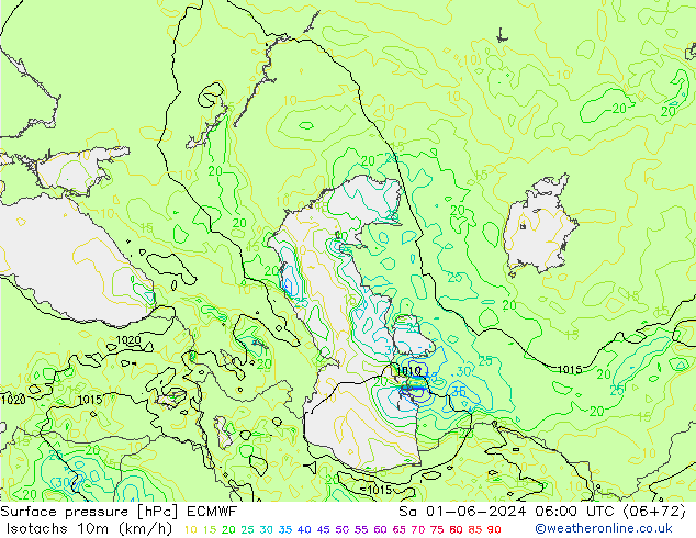 Isotachs (kph) ECMWF Sa 01.06.2024 06 UTC