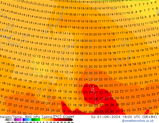 Geop./Temp. 850 hPa ECMWF sáb 01.06.2024 18 UTC