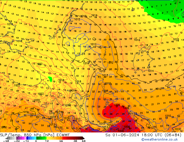 SLP/Temp. 850 гПа ECMWF сб 01.06.2024 18 UTC