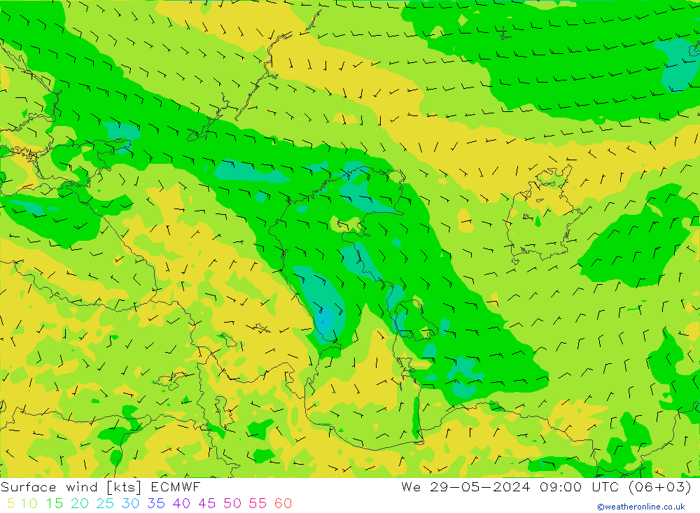 wiatr 10 m ECMWF śro. 29.05.2024 09 UTC