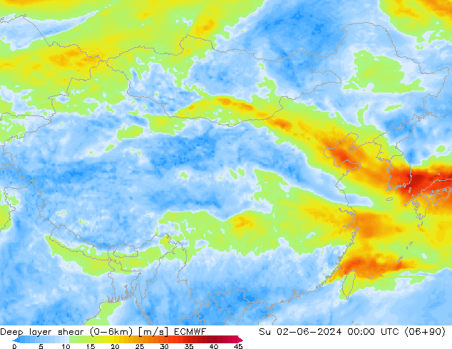 Deep layer shear (0-6km) ECMWF dim 02.06.2024 00 UTC