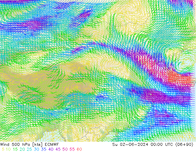 Wind 500 hPa ECMWF Su 02.06.2024 00 UTC