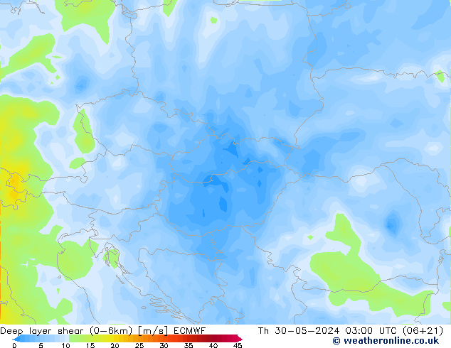 Deep layer shear (0-6km) ECMWF Th 30.05.2024 03 UTC