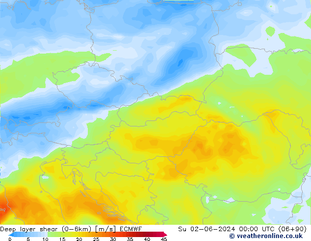 Deep layer shear (0-6km) ECMWF Ne 02.06.2024 00 UTC