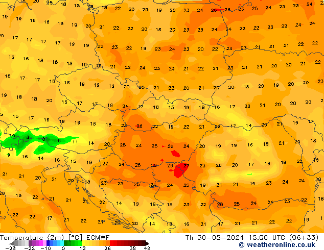 mapa temperatury (2m) ECMWF czw. 30.05.2024 15 UTC