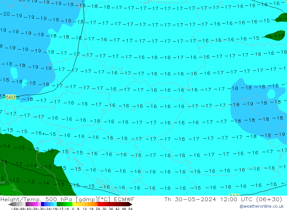 Geop./Temp. 500 hPa ECMWF jue 30.05.2024 12 UTC