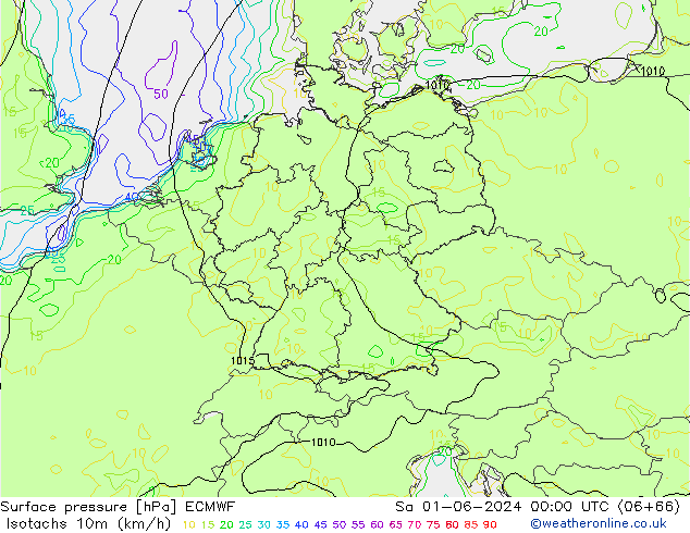 Isotachs (kph) ECMWF sam 01.06.2024 00 UTC